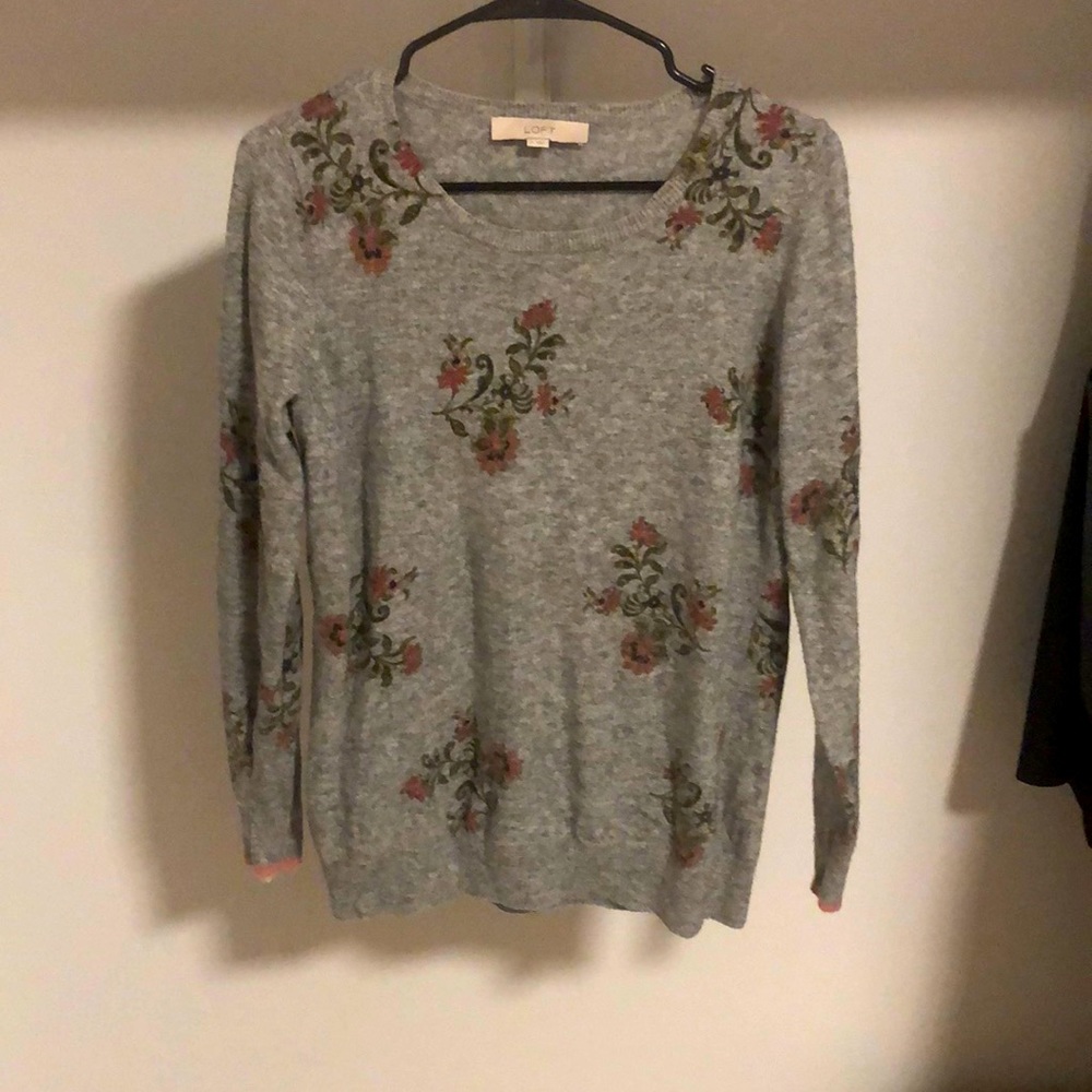 Loft Pink and Gray Floral Sweater